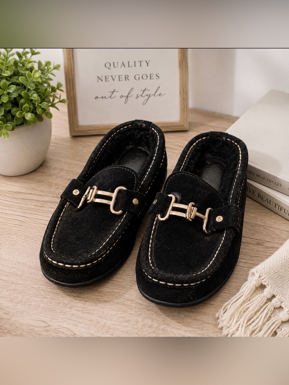 Cole Haan size 6 black leather fur line mules
